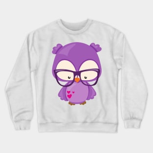 Valentine's Day Owl, Purple Owl, Glasses, Hearts Crewneck Sweatshirt